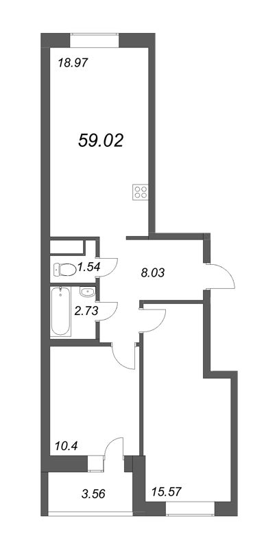 3-комнатная (Евро) квартира, 59.02 м² - планировка, фото №1