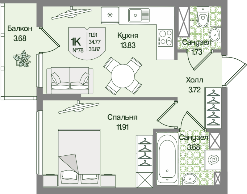 1-комнатная квартира, 35.87 м² в ЖК "Охтинские высоты" - планировка, фото №1