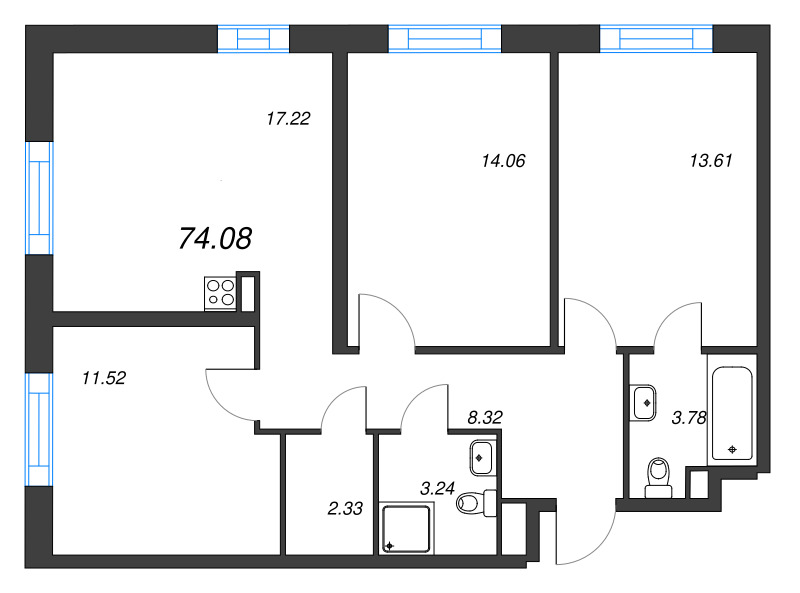 4-комнатная (Евро) квартира, 74.08 м² - планировка, фото №1