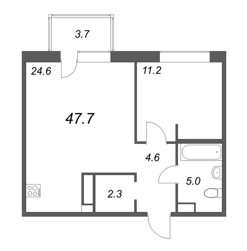 2-комнатная (Евро) квартира, 47.7 м² - планировка, фото №1