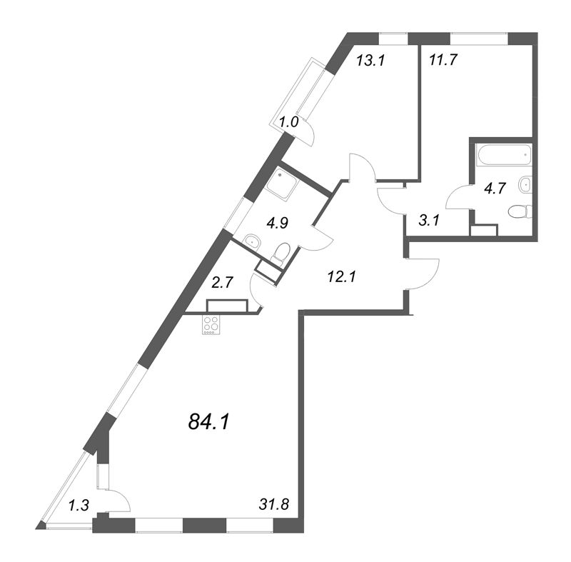 3-комнатная (Евро) квартира, 84.1 м² в ЖК "Куинджи" - планировка, фото №1