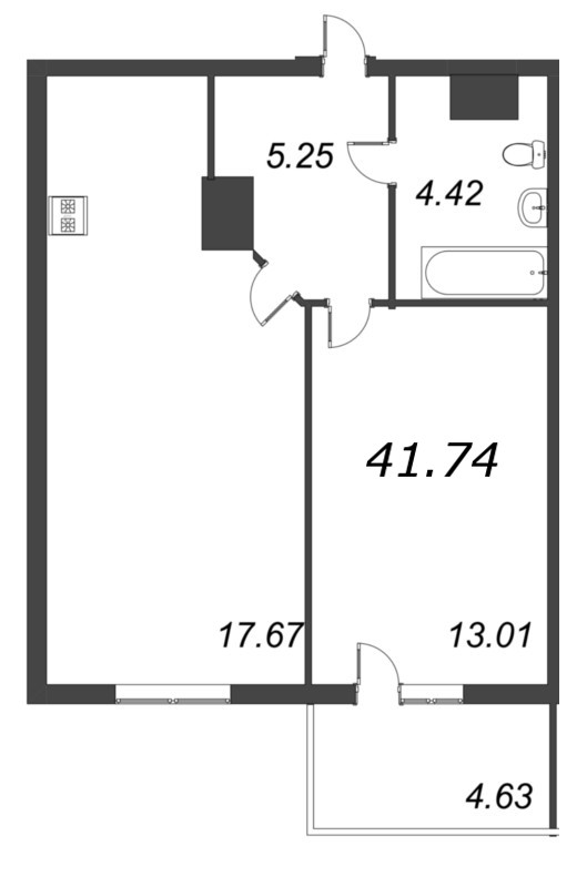 2-комнатная (Евро) квартира, 41.74 м² - планировка, фото №1