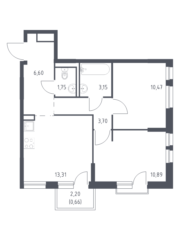 2-комнатная квартира, 50.53 м² - планировка, фото №1
