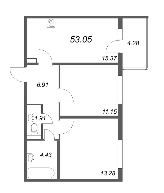 3-комнатная (Евро) квартира, 53.05 м² - планировка, фото №1
