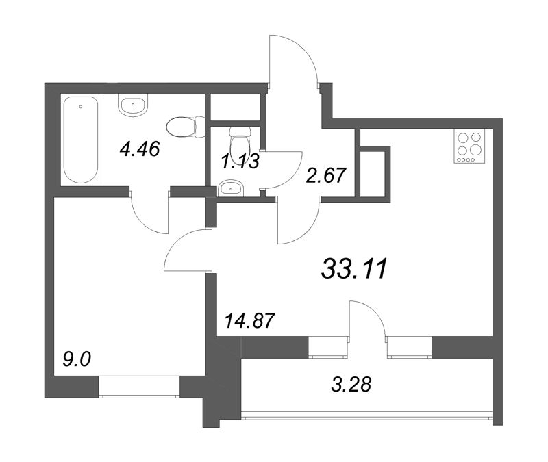 1-комнатная квартира, 33.11 м² в ЖК "Южный форт" - планировка, фото №1