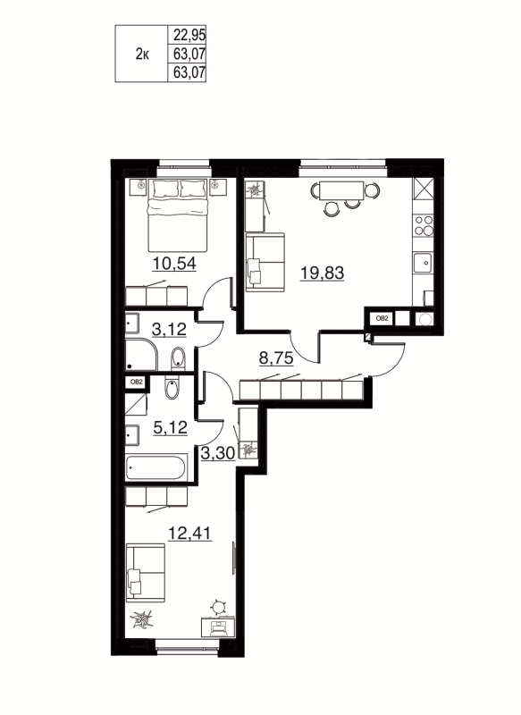 3-комнатная (Евро) квартира, 63.07 м² в ЖК "Соло. Петергоф" - планировка, фото №1