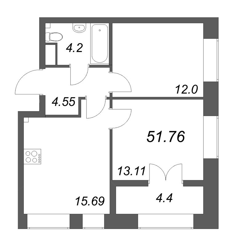 3-комнатная (Евро) квартира, 51.76 м² в ЖК "NewПитер 2.0" - планировка, фото №1