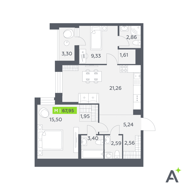 3-комнатная (Евро) квартира, 67.95 м² в ЖК "Аквилон Verba" - планировка, фото №1