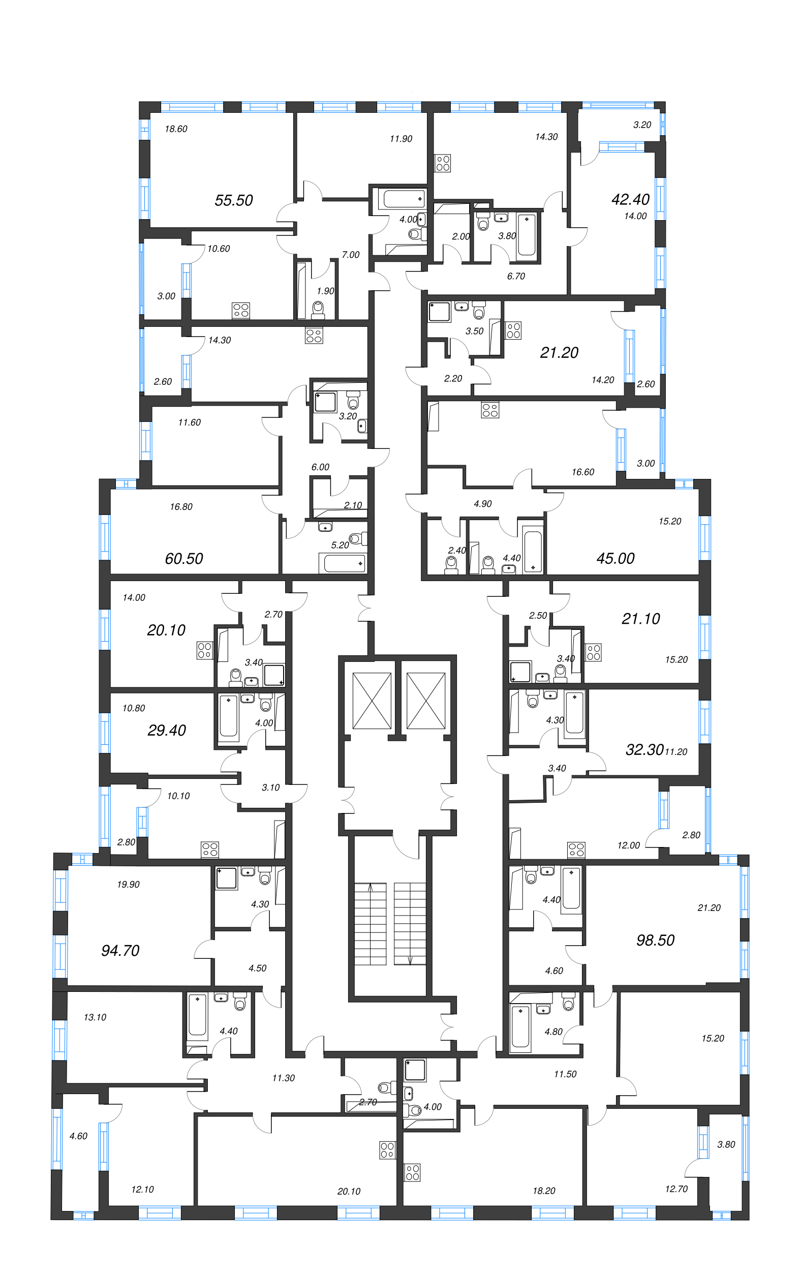 2-комнатная (Евро) квартира, 45 м² - планировка этажа