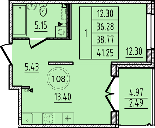 1-комнатная квартира, 36.28 м² - планировка, фото №1