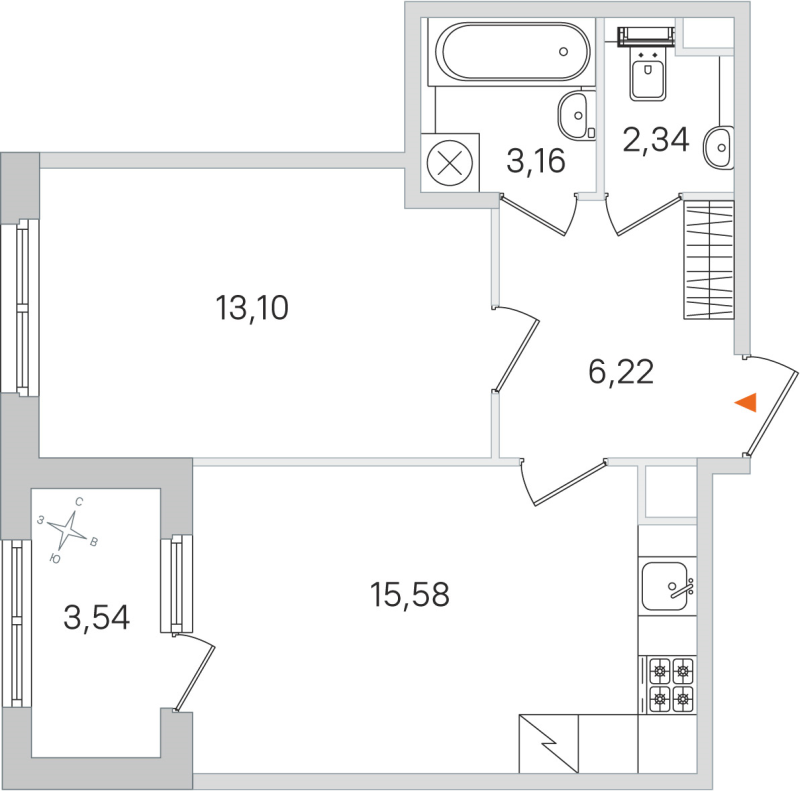 2-комнатная (Евро) квартира, 40.4 м² в ЖК "Дубровский" - планировка, фото №1