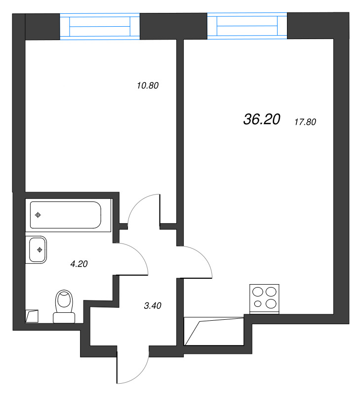 2-комнатная (Евро) квартира, 36.2 м² в ЖК "Большая Охта" - планировка, фото №1