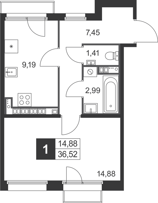 1-комнатная квартира, 36.52 м² в ЖК "Слобода" - планировка, фото №1