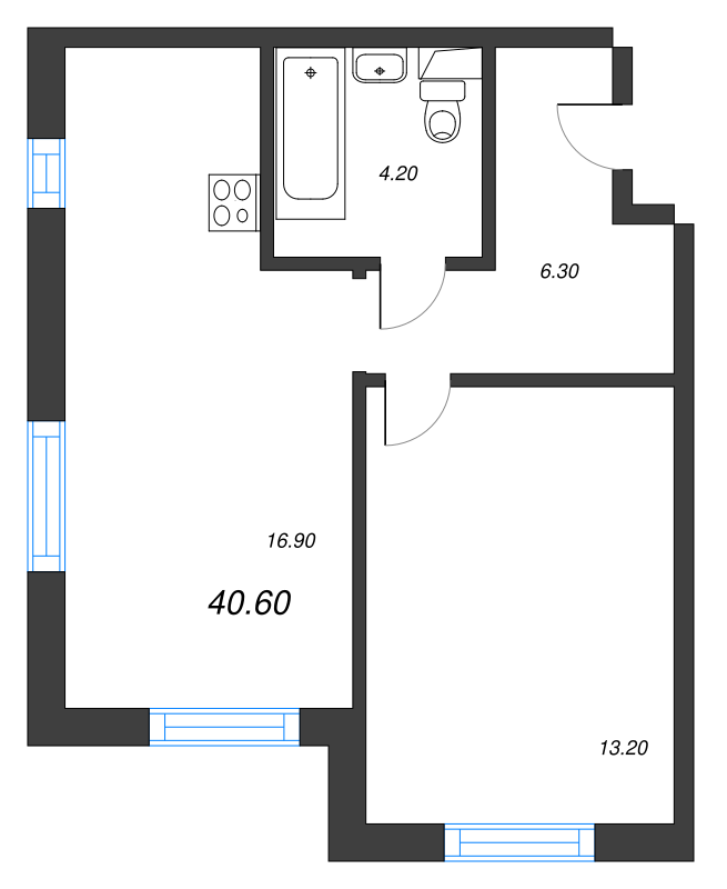 2-комнатная (Евро) квартира, 40.6 м² - планировка, фото №1
