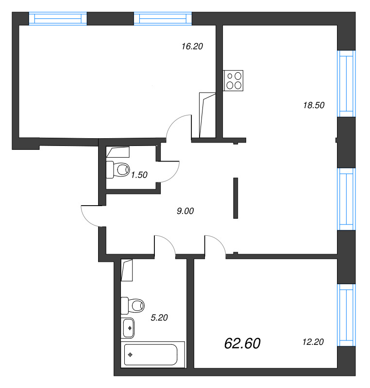 3-комнатная (Евро) квартира, 62.6 м² - планировка, фото №1