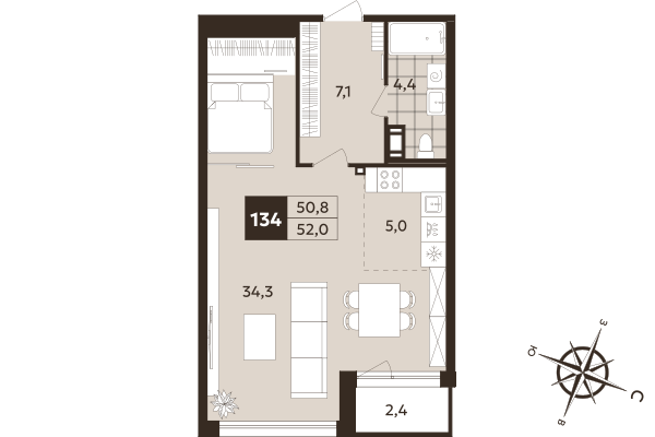 Квартира-студия, 50.8 м² в ЖК "Дом на Бронницкой" - планировка, фото №1