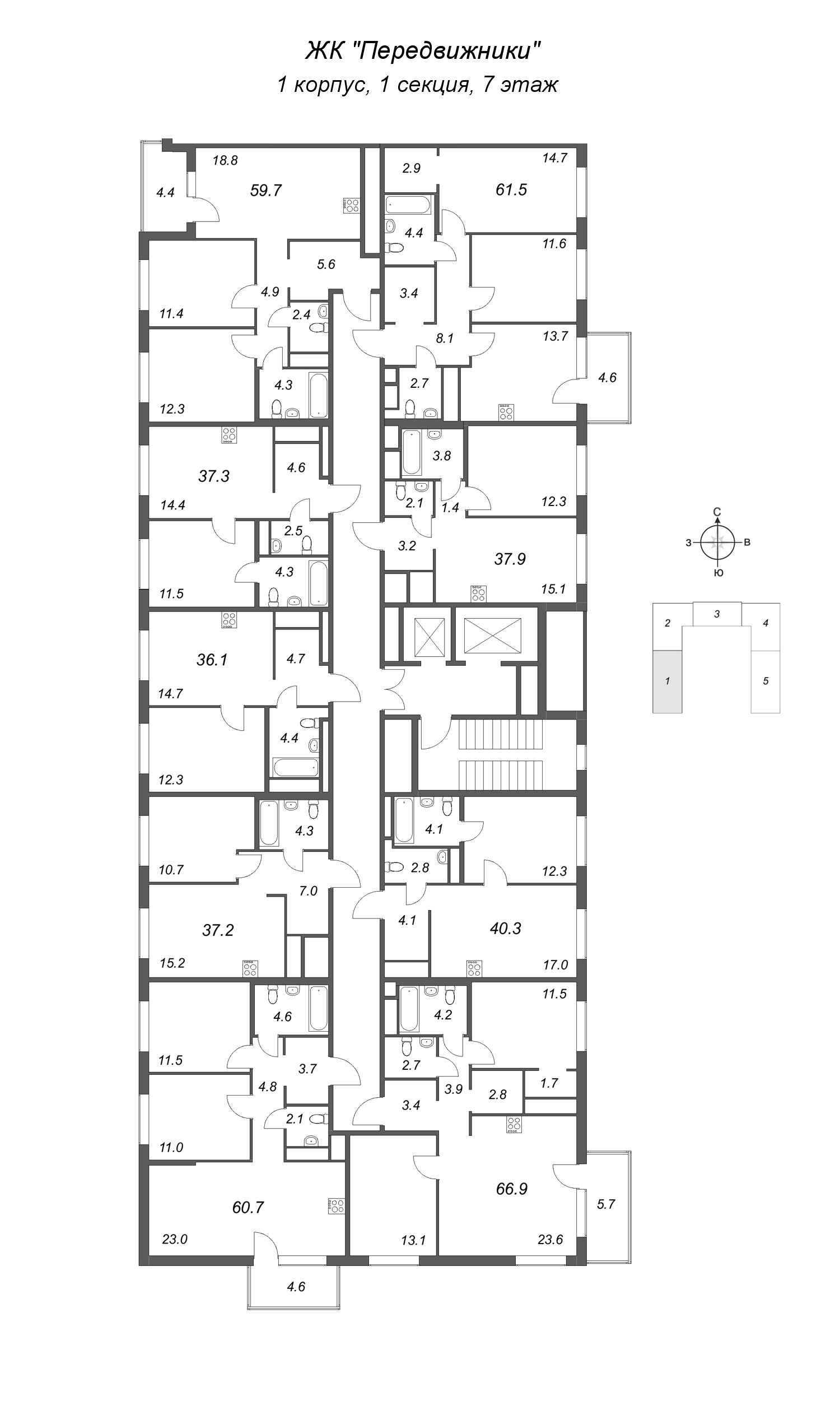 1-комнатная квартира, 37.3 м² в ЖК "Передвижники" - планировка этажа