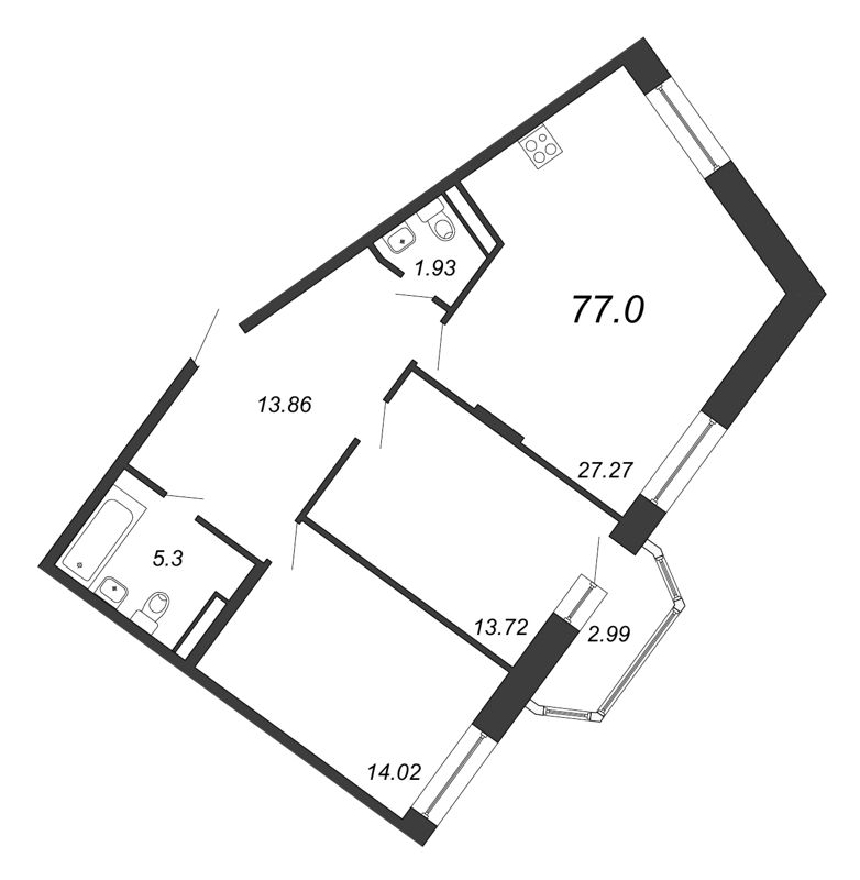 3-комнатная (Евро) квартира, 77 м² - планировка, фото №1