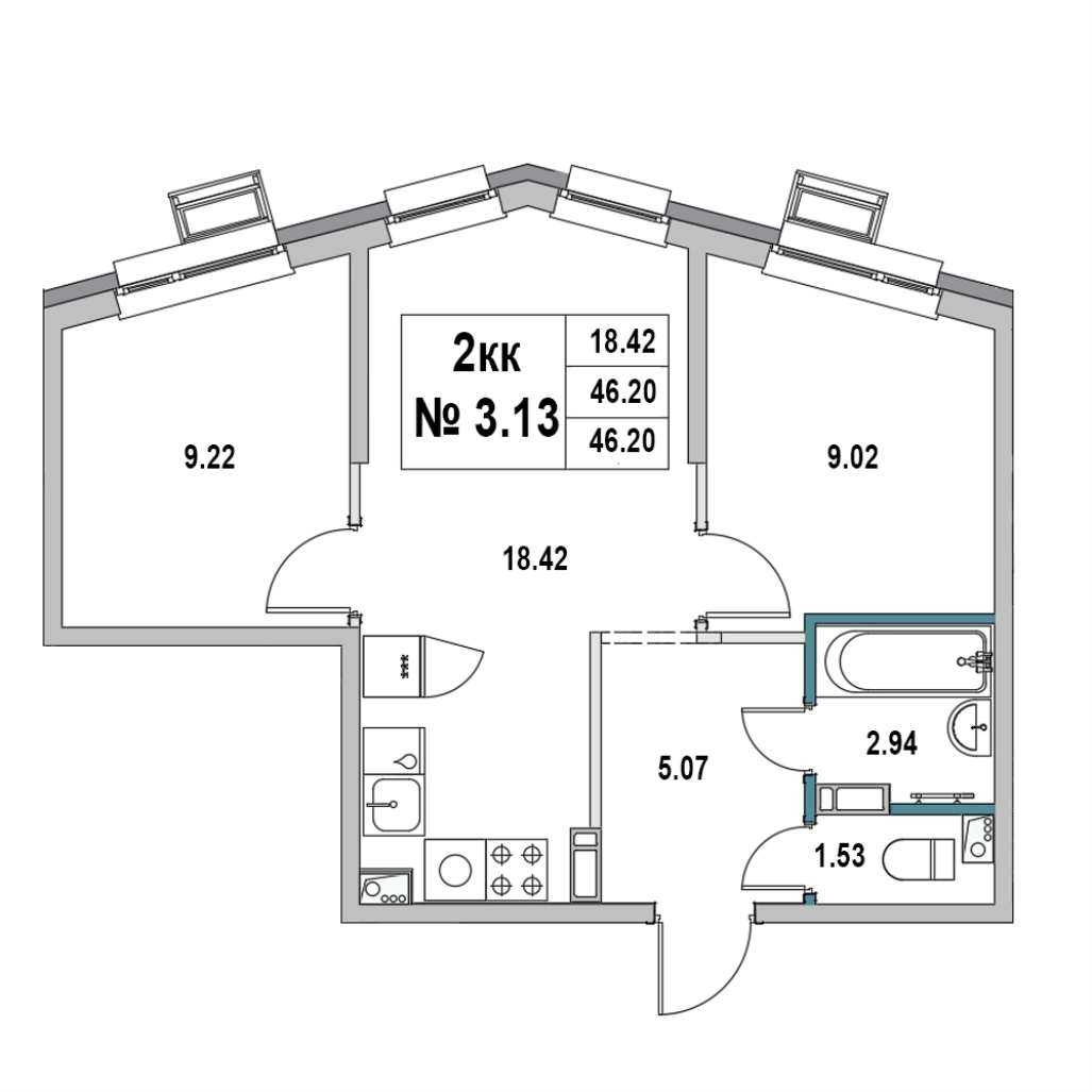 3-комнатная (Евро) квартира, 46.2 м² в ЖК "Новый Город" - планировка, фото №1