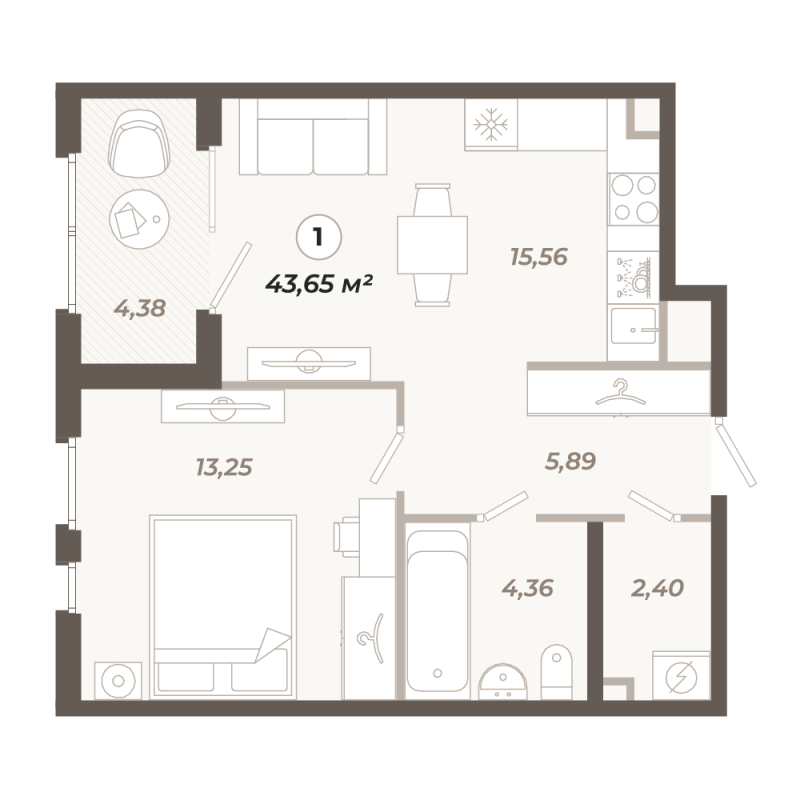 2-комнатная (Евро) квартира, 43.65 м² в ЖК "Знатный" - планировка, фото №1