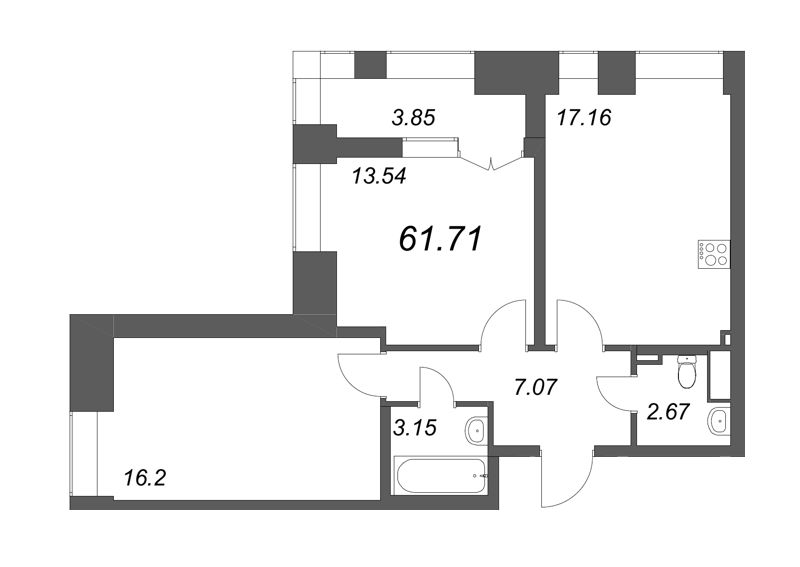 2-комнатная (Евро) квартира, 61.71 м² в ЖК "Морская набережная. SeaView" - планировка, фото №1