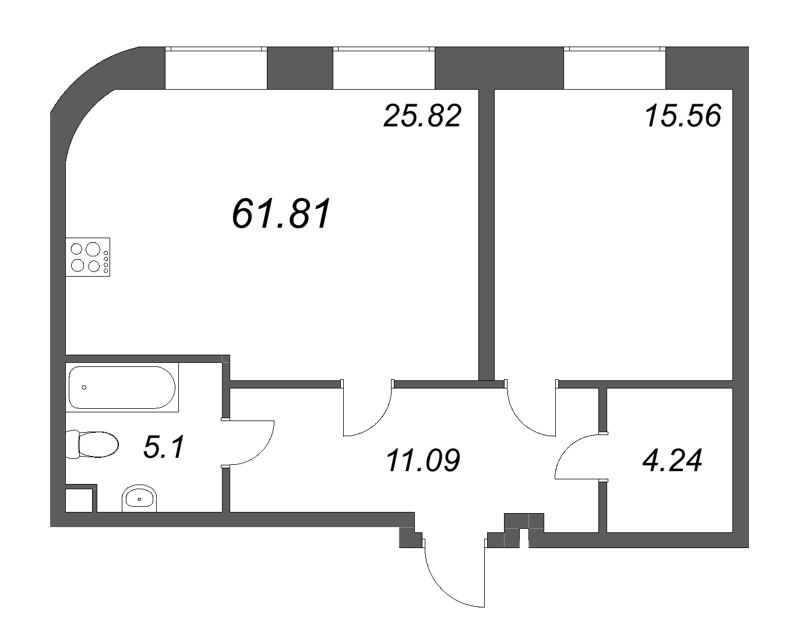 2-комнатная (Евро) квартира, 61.81 м² в ЖК "MONODOM-ART" - планировка, фото №1