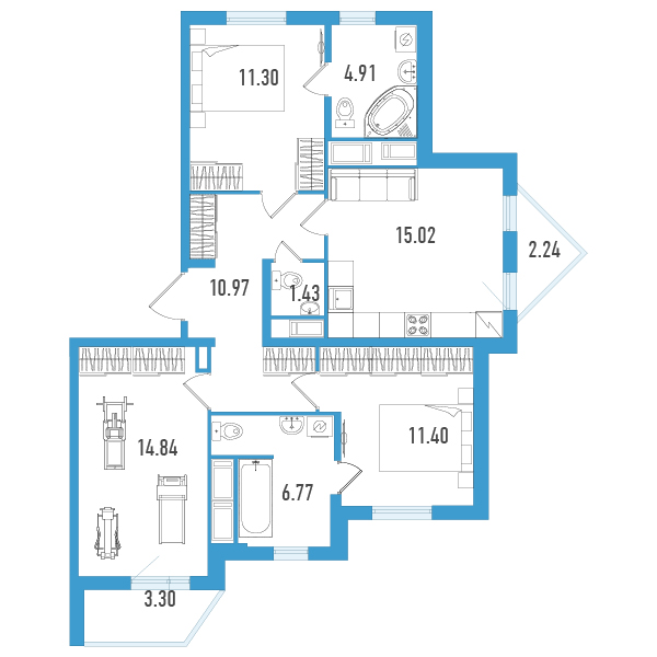 3-комнатная квартира, 78.3 м² - планировка, фото №1