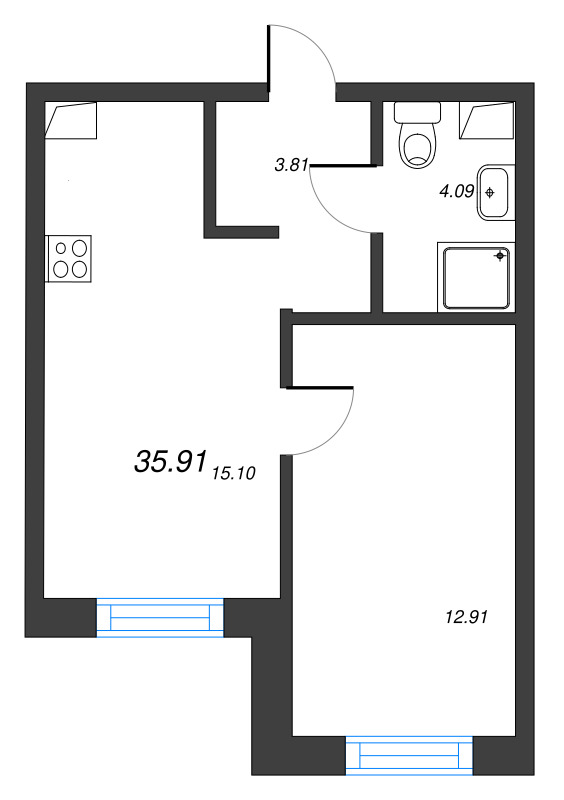 2-комнатная (Евро) квартира, 35.91 м² в ЖК "Тишин" - планировка, фото №1