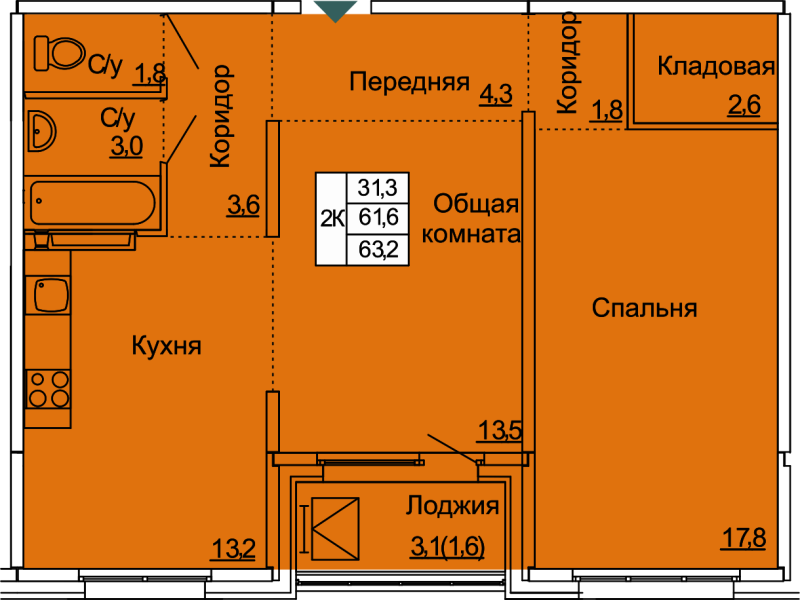 2-комнатная квартира, 63.2 м² в ЖК "Сибирь" - планировка, фото №1