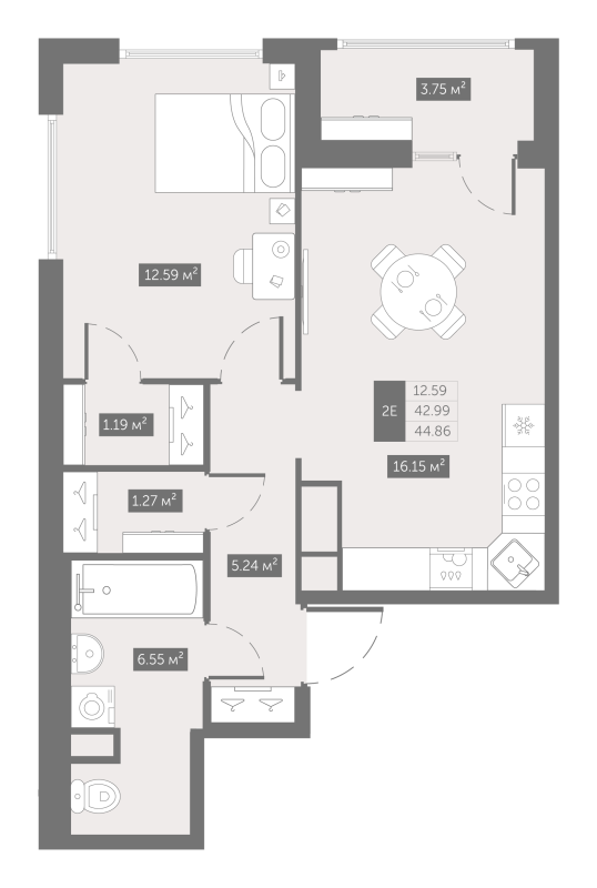 2-комнатная (Евро) квартира, 44.86 м² в ЖК "UP-квартал Новый Московский" - планировка, фото №1