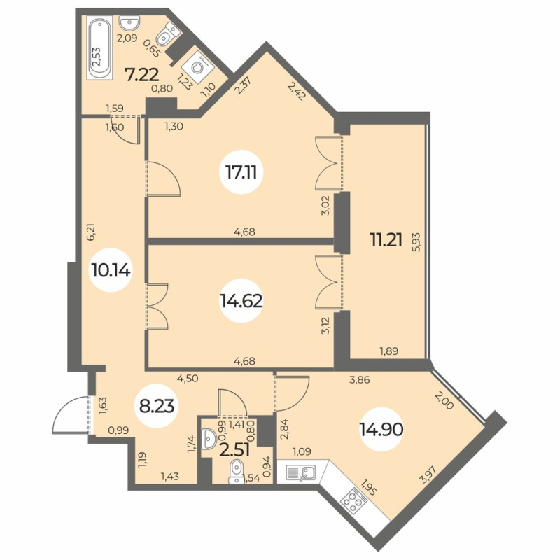 2-комнатная квартира, 80.34 м² - планировка, фото №1