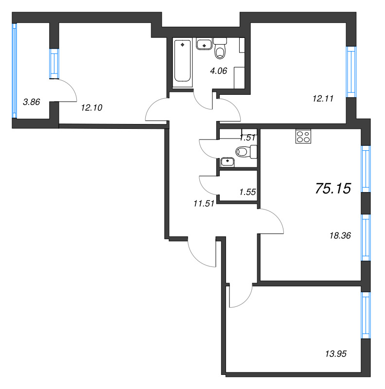 4-комнатная (Евро) квартира, 75.15 м² - планировка, фото №1
