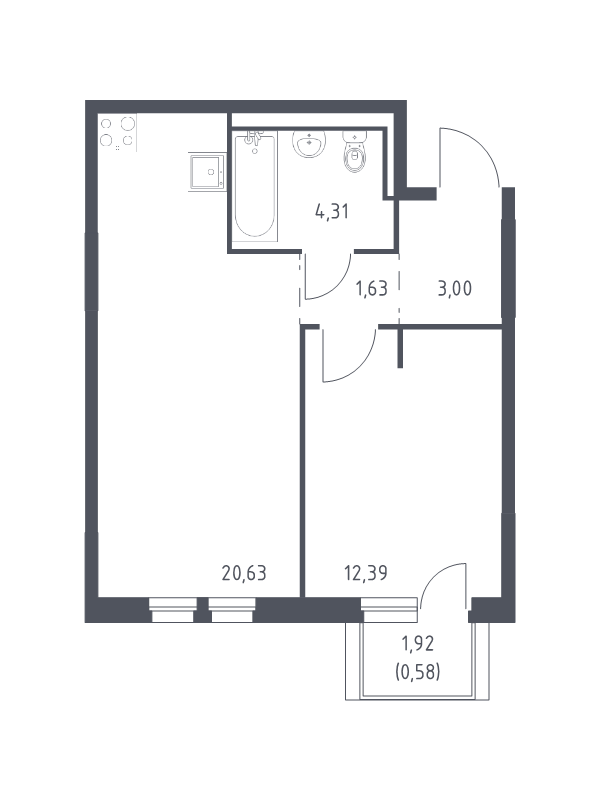 2-комнатная (Евро) квартира, 42.54 м² в ЖК "Невская Долина" - планировка, фото №1