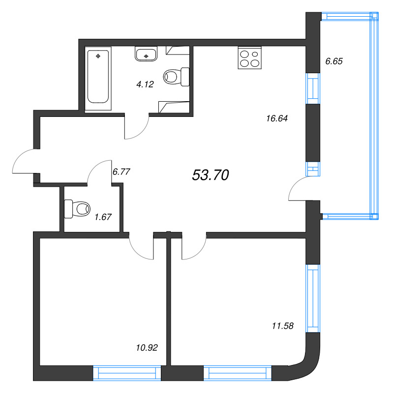 3-комнатная (Евро) квартира, 53.7 м² в ЖК "Кронунг Янино" - планировка, фото №1