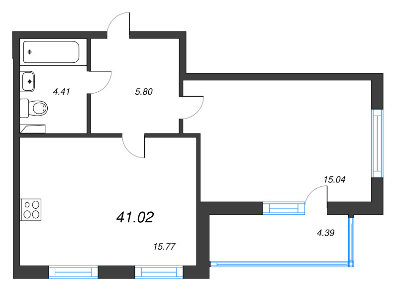 2-комнатная (Евро) квартира, 41.02 м² - планировка, фото №1