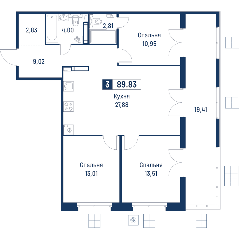 4-комнатная (Евро) квартира, 89.83 м² в ЖК "Символист" - планировка, фото №1