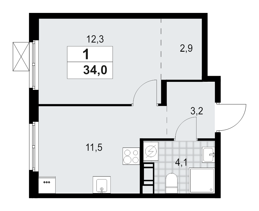 1-комнатная квартира, 34 м² - планировка, фото №1