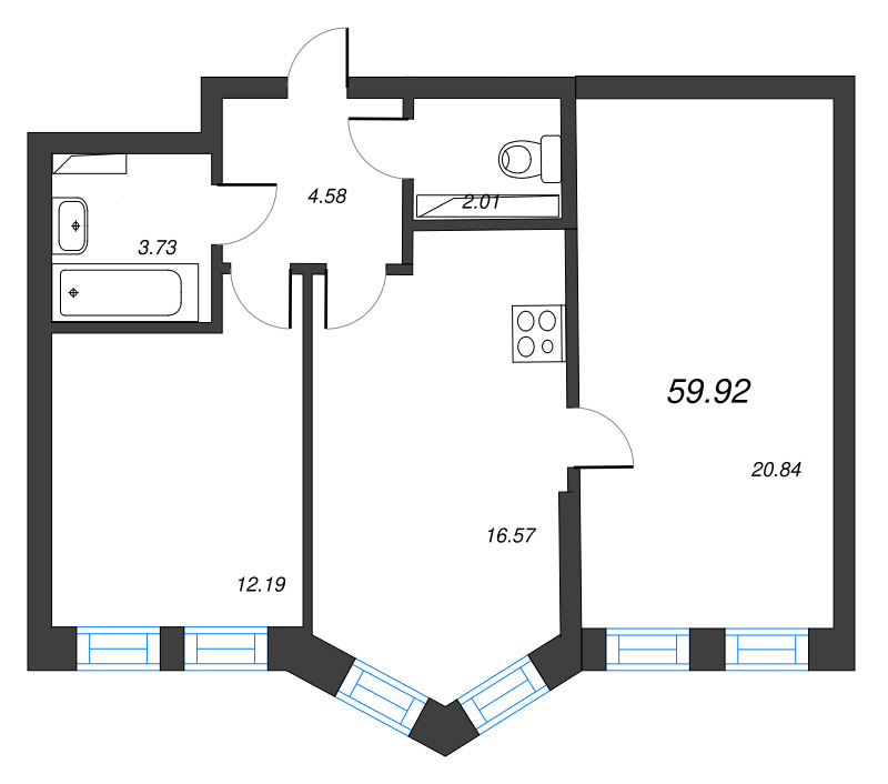 3-комнатная (Евро) квартира, 59.92 м² в ЖК "Кронфорт. Центральный" - планировка, фото №1