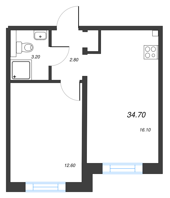 2-комнатная (Евро) квартира, 34.7 м² - планировка, фото №1