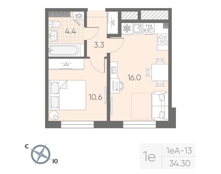 1-комнатная квартира, 34.3 м² в ЖК "Пулково Lake" - планировка, фото №1