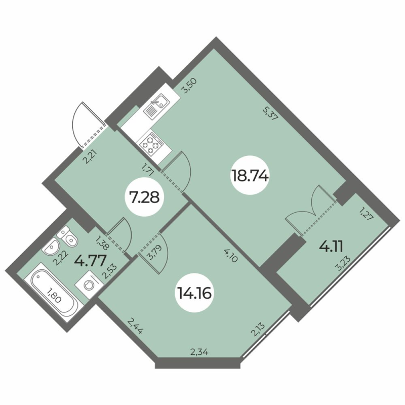 2-комнатная (Евро) квартира, 47.01 м² - планировка, фото №1