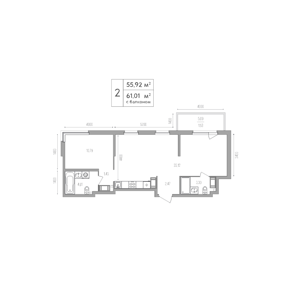 2-комнатная (Евро) квартира, 55.92 м² в ЖК "Simple" - планировка, фото №1