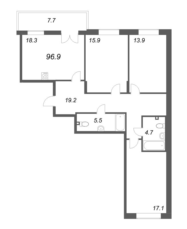 4-комнатная (Евро) квартира, 96.9 м² - планировка, фото №1