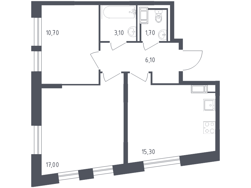 3-комнатная (Евро) квартира, 53.3 м² в ЖК "Курортный Квартал" - планировка, фото №1