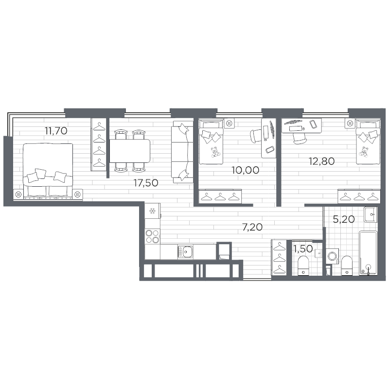 4-комнатная (Евро) квартира, 66.9 м² в ЖК "Плюс Пулковский" - планировка, фото №1