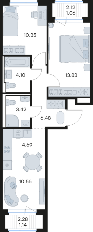 3-комнатная (Евро) квартира, 55.63 м² в ЖК "Новоселье" - планировка, фото №1