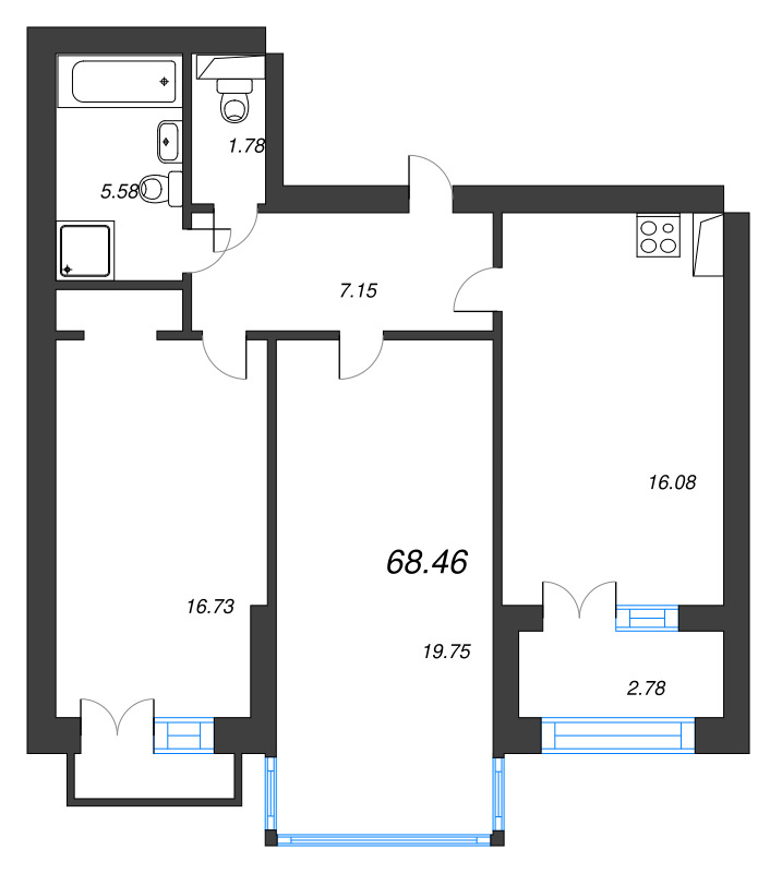 3-комнатная (Евро) квартира, 72.2 м² в ЖК "Наука" - планировка, фото №1