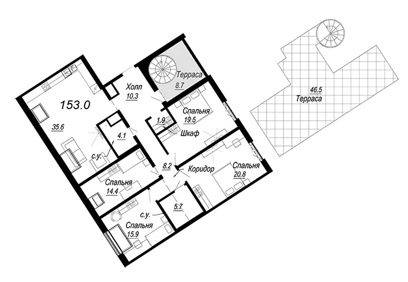 5-комнатная (Евро) квартира, 149.38 м² - планировка, фото №1
