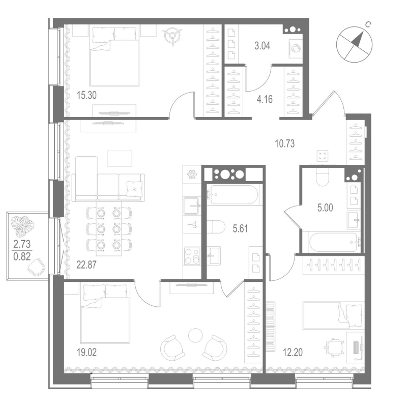 4-комнатная (Евро) квартира, 98.75 м² в ЖК "Остров Первых" - планировка, фото №1