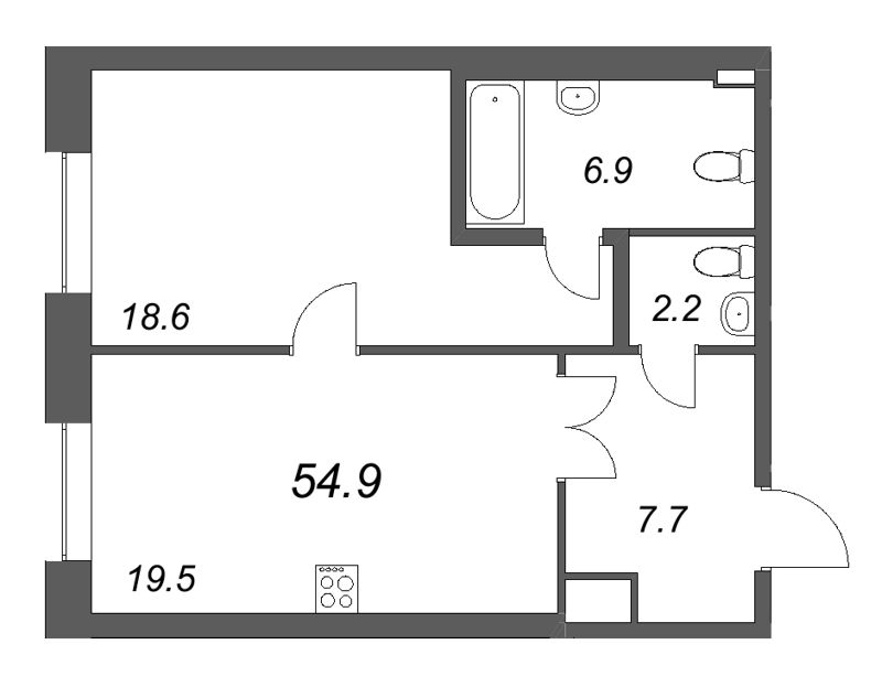 2-комнатная (Евро) квартира, 54.9 м² в ЖК "Коллекционер" - планировка, фото №1